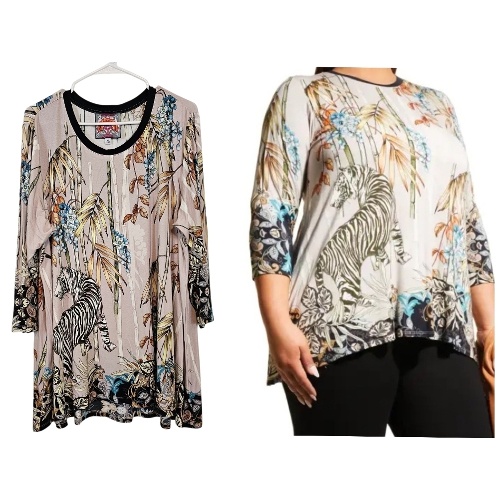 Johnny Was Shinning Bright Swing Tunic Jersey Knit Tiger Bamboo Print